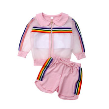 Комплект одежды из 3 предметов для маленьких девочек: пальто из органзы + жилет + штаны, УФ-солнцезащитный костюм, летняя одежда в радужные полоску 2024 - купить недорого