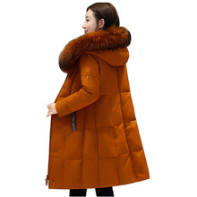 Jaqueta grande de pele real com capuz, casaco feminino longo com capuz, grosso com gola em pato branco, neve quente para mulheres 2024 - compre barato