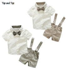 Top and Top Summer Baby Boys Gentleman Clothing Set Cotton Short Sleeve Shirt with Bow Tie+Suspenders Shorts Casual Formal Suit 2024 - buy cheap