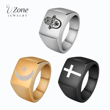 Anel de sinete personalizado religioso uzone, anel quadrado de grande largura, anel personalizado de aço inoxidável para presente de oração para homens 2024 - compre barato
