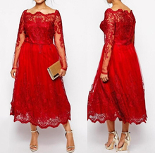 Modest Red Lace Plus Size Mother Of The Bride Dresses Sheer Long Sleeves Tea-Length Wedding Guest Gown  Custom Make vestido 2024 - buy cheap
