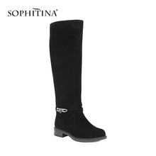 Sophitina couro de vaca joelho-botas altas com zíper feminino dedo do pé redondo baixo salto quadrado sapatos de inverno moda metal decoração botas b034 2024 - compre barato