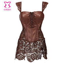 Skirted Lace With Brown Leather Steampunk Corset Dress Gothic Clothing Sexy Korsett For Women Corsets Plus Size Lingerie 6XL 2024 - buy cheap