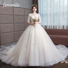 Fansmile 2020 Long Train Vestido De Noiva Lace Gowns Wedding Dresses Sleeve Custom-made Plus Size Bridal Tulle Mariage FSM-539T 2024 - buy cheap