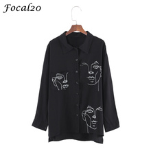 Focal20 Streetwear Face Print Oversize Women Blouse Shirt Spring Long Sleeve Irregular Hem Casual Oversized Female Blouse Top 2024 - buy cheap