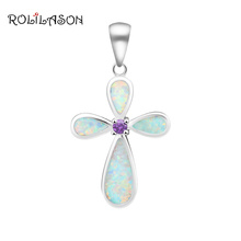 Zircon Jewelry cross shape pendant purple crystal White Fire Opal Silver Stamped Pendant Fashion jewelry for Women OPS575 2024 - buy cheap