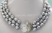 Free Shipping> 3row 11-13mm Gray Baroque Freshwater Cultured Pearl Necklace 2024 - buy cheap
