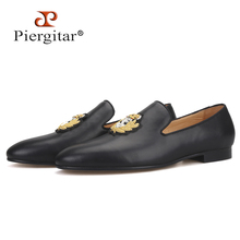 Piergitar New Cow leather men loafers with gold luxurious India embroidery party and wedding men's dress shoes smoking slippers 2024 - buy cheap
