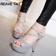 REAVE CAT Women Bridal Wedding High heel Sandals Peep toe Stiletto heels 14cm Platform Cross strap Sequined Fabric Size 12 white 2024 - buy cheap