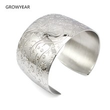 Wide Silver Color Flower Cuff Bangles And Bracelets Stainless Steel Fashion Jewelry Women Girls 2024 - buy cheap