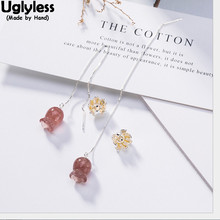 Uglyless verão moda rosa flor brincos para mulher natureza morango quartzo floral longo orelha linhas sólida real 925 fina silve 2024 - compre barato