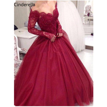 Cinderela-vestido de baile de flores, mangas compridas, com apliques de cristal frisado, vermelho, manga longa, tule, vestidos de festa 2024 - compre barato