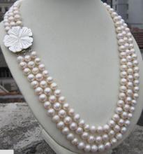 3 ROW 9-10MM natural south sea white Pearl Necklace 20-22" 2024 - buy cheap