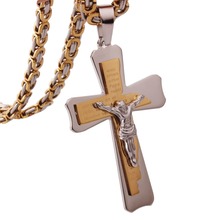Christian Stainless Steel Silver Color&Gold 3 Layers Cross Jesus Crusifix Jewelry Men's Pendant Byzantine Chain Necklace 18"-40" 2024 - buy cheap
