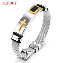 Cifbuy pulseira masculina de malha, bracelete punk cruz de aço inoxidável preto/dourado 16.5-21 cm de comprimento gh878 2024 - compre barato