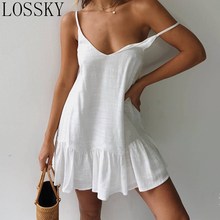 Sexy Solid V Neck Ruffles White Strap Mini Dress Casual V Neck Sleeveless Women Summer Loose Dresses Female Basic Backless Dress 2024 - buy cheap