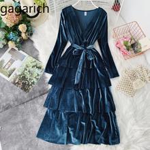 Gagarich Women Dresses 2019 Spring New Goddess  Retro Solid Velvet V-neck Long Sleeve High Waist Thin Cake Dress Elegant 2024 - buy cheap