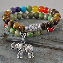 Sn0209 conjunto de 2 pulseiras de buda, pulseira chakra olho de tigre imperial pedra pulseira de elefante contas mala pulseira tibetana 2024 - compre barato