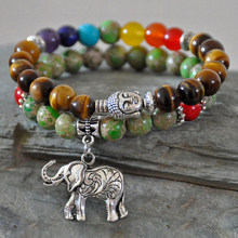 SN0209-Conjunto de 2 pulseras de Buda, pulsera de Chakra, Ojo de Tigre, piedra imperial, colgante de elefante, mala, cuentas tibetanas 2024 - compra barato