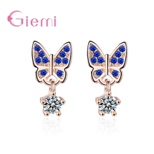 Pendientes de circonia cúbica para mujer, aretes de gota de cristal azul, Plata de Ley 925, mariposa elegante, joyería de boda 2024 - compra barato