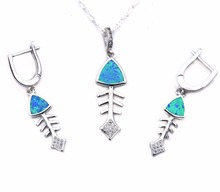 Conjunto de joias de opala de peixe azul oceano, colar com pingentes e brincos 2024 - compre barato