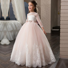 Vestido floral de primeira comunhão, rosa, elegante, manga longa, para casamento, altura do chão, formal, vestido de menina, tule 2024 - compre barato