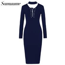 Samuume 2018 Women Knitted Dress Elegant Solid Lace-up Hollow O-Neck Long Sleeve Autumn Dresses Slim Midi Pencil Dress A1708001 2024 - buy cheap