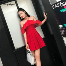 Vestido linha a com mangas curtas e gola halter, vestido feminino casual de verão, vestido vermelho e coreano, 2018 2024 - compre barato