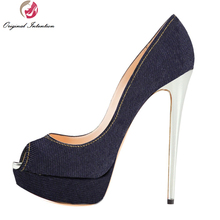 Intenção original de alta qualidade bombas femininas denim sexy peep toe saltos finos azul escuro bombas sapatos mulher mais tamanho da ue 34-46 2024 - compre barato