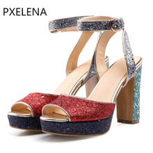 PXELENA Bride Wedding Summer Shoes 2018 Peep Toe Sequined Bling Sandals Women Thick Chunky Block High Heels Platform Sandals New 2024 - buy cheap