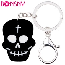 Bonsny-Llavero de calavera negra para mujer y niña, colgante de acrílico, anillo, joyería Punk, bolso, dijes de coche, Bisutería 2024 - compra barato