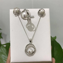 Conjunto de pendientes y Collar de plata tibetana con colgante de circón de calidad incrustado, joyería de calidad AAA, perlas blancas naturales de agua dulce de 7-8mm 2024 - compra barato