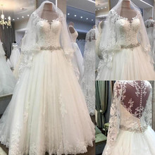 Vestido De Noiva 2020 New Tulle A-Line Elegant Lace Wedding Dresses Long Sleeves Bridal Gown Sheer Back Buttons robe de mariee 2024 - buy cheap