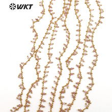 WT-RBC089 WKT-cadena para joyería resistente a las manchas, cadena de cuentas redondas de cuarzo rosa de 3mm, color dorado, envuelta en alambre 2024 - compra barato