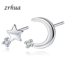 ZRHUA Real Solid Silver Color Beautiful Moon Star Clear Cubic Zirconia Crystal Jewelry Stud Earrings For Women Ladies 2024 - buy cheap