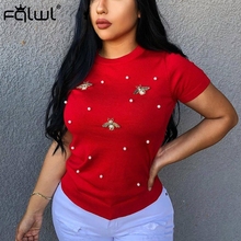 FQLWL-Camiseta de talla grande para mujer, de manga corta con perlas, camiseta con abalorios para mujer, Tops sólidos de fin de semana, estilo informal, Camiseta básica de cuello redondo 2024 - compra barato