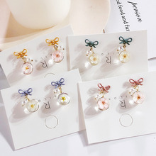 Cute Women Sakura Dried Flower Drop Earrings Jewelry Trendy Girls Heart Bow Imitation Pearl Romantic Dangle Earrings Summer New 2024 - buy cheap