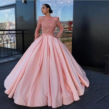 Pretty Pink Dubai Saudi Arabic Long Evening Formal Dresses 2019 Ball Gown Puffy Fashion Long Sleeve Beaded Satin Prom Party Gown 2024 - buy cheap