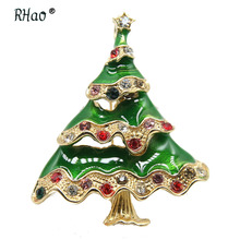 RHao Multi Color Rhinestone Christmas Tree Brooches Green Enamel pins Women and men Christams Gifts jewelry brooch collar pins 2024 - buy cheap