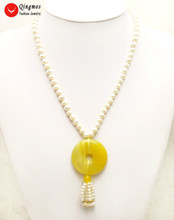 Qingmos colar de pérola natural, feminino, com 6-7mm, pérola branca redonda e 40mm, em forma de rosquinha, ágata amarela, joia 2024 - compre barato