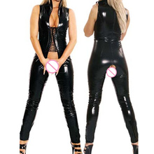 Hot Women Faux Leather Sleeveless Jumpsuit Black PVC PU Bodysuit Open Crotch Steampunk Costume Clubwear Catsuit M7186 2024 - buy cheap