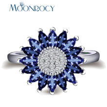 MOONROCY Silver Color Cubic Zirconia CZ Blue Crystal Wedding Rings sun Flower for Women Girls Drop Shipping Fashion Jewelry Gift 2024 - buy cheap