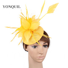 Imitation Sinamay Yellow Fascinators Hats Women Derby Elegant Ladies Headwear Hair Clips Winter Feater Decor Headdress SYF478 2024 - buy cheap