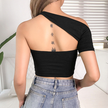 Women Summer T-Shirts One Shoulder Short Sleeve Tops Halter Backless Irregular Crop Tops Fashion Girls Ladies Slim Black Tees 2024 - buy cheap