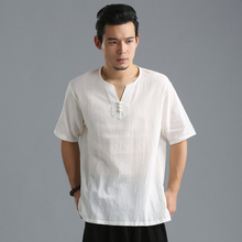 LZJN 2019 Summer Shirt Men Short Sleeve Blouse V-Neck Pullover Chinese Style Tops Soft Cotton Linen Thin Shirts 4 Colors 2024 - buy cheap