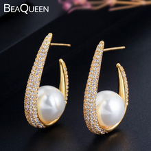 BeaQueen Stunning Yellow Gold Color Micro Paved Cubic Zircon Big White Pearl Hoop Earrings Statement Jewelry for Women E273 2024 - buy cheap