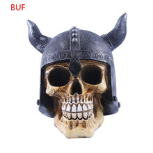 Human Head Skull Statue for Home Decor Resin Figurines with Viking Helmet Halloween Decoration Crafts Sculpture 2024 - buy cheap