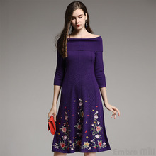 Embro Mill Autumn base dress Chinese style vintage royal embroidery flowers dress elegant lady loose wool knitted dress M-XXL 2024 - buy cheap