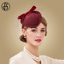 Chapéus fascinator de casamento fs vinho vermelho feminino, chapéu formal elegante de lã de feltro com pingentes para igreja com véus 2024 - compre barato