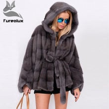 Furealux-abrigo de piel auténtica para mujer, abrigo grueso y cálido de piel de visón con capucha, Chaqueta de piel de visón de lujo para invierno 2024 - compra barato